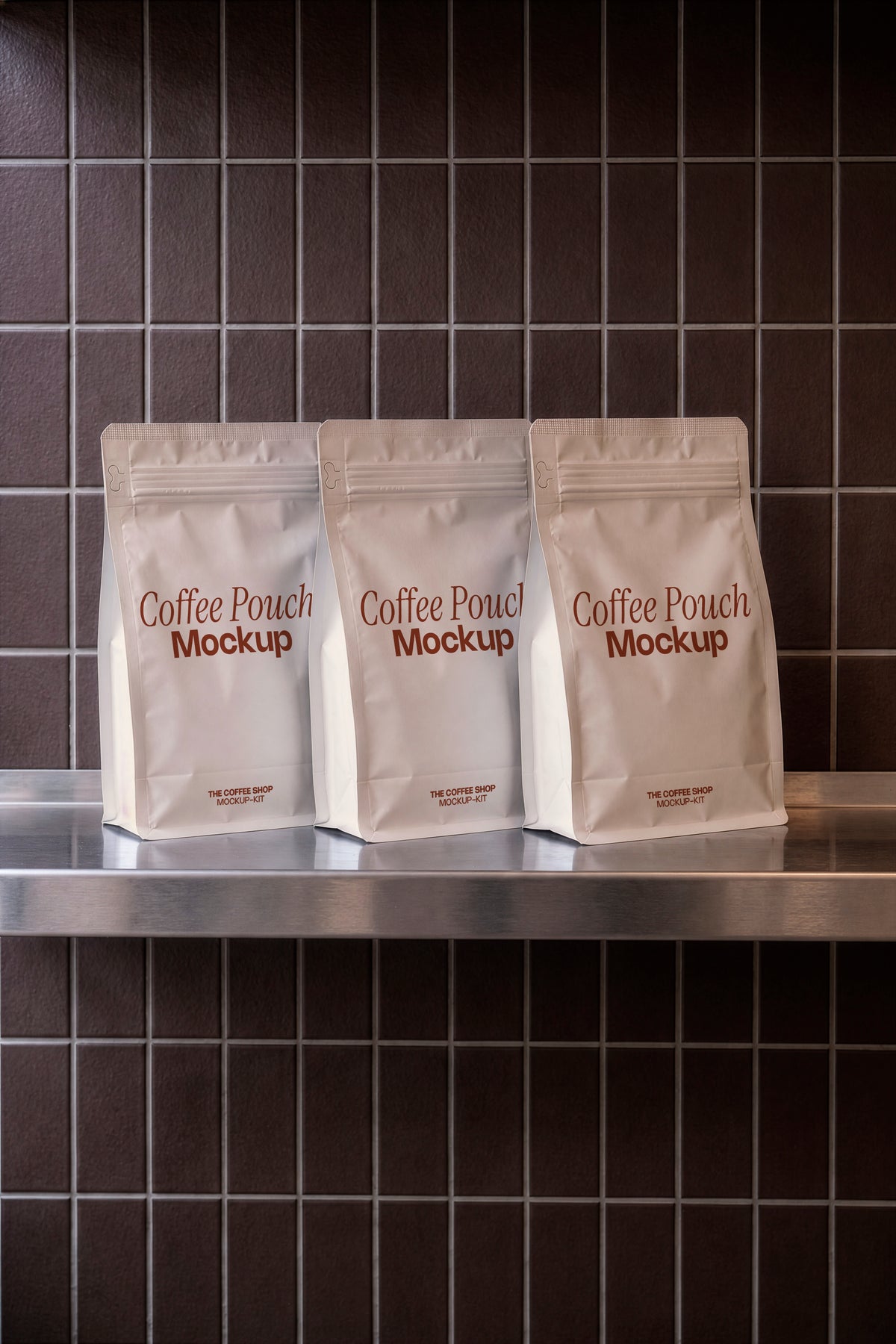 Coffee pouch mockup styled on a shelf with three stand-up bags. Packaging mockup for coffee bean bags displayed in a café setting. Coffee pouch mockup, coffee bag mockup, packaging mockup, coffee shop mockup, café mockup, product mockup, high quality mockup, PSD file.