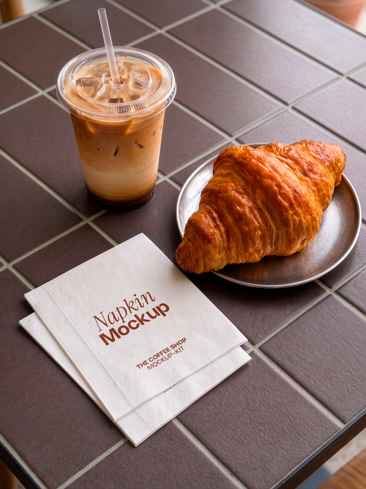 Napkin mockup styled on a café table with a croissant and coffee. Blank napkin mockup ready for your coffee shop branding design. Napkin mockup, stationery mockup, coffee shop mockup, café mockup, restaurant mockup, branding mockup, high quality mockup, PSD file.