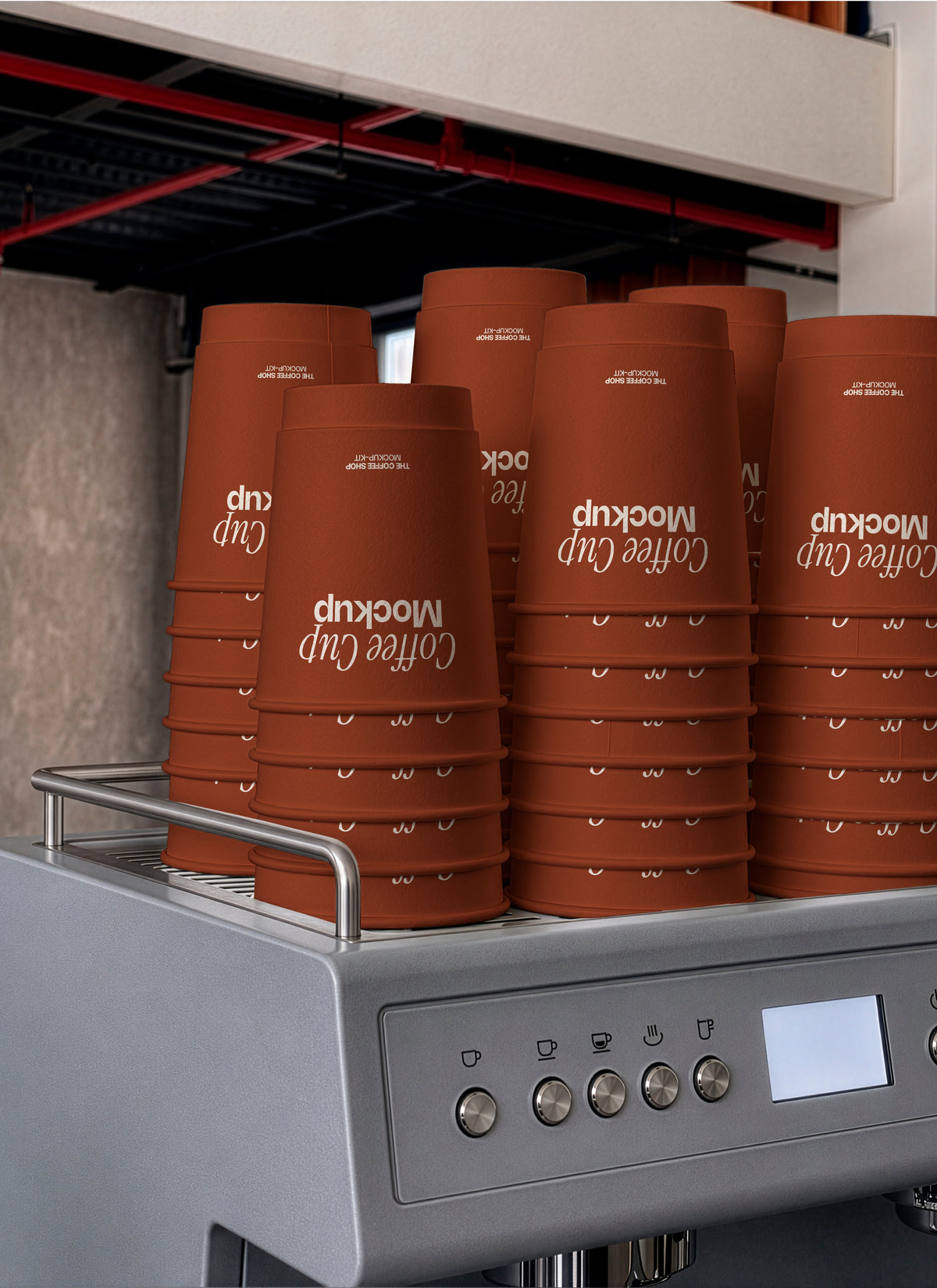 Stacked coffee cup mockup on an espresso machine's warming tray. Coffee cup mockup shown as a stack of cups ready to serve in a café setting. Coffee cup mockup, paper cup mockup, packaging mockup, coffee shop mockup, café mockup, bulk mockup, high quality mockup, PSD file.