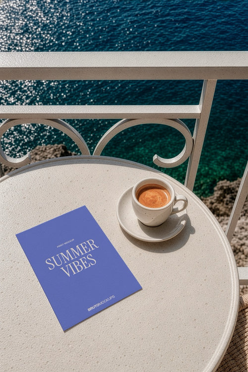 A4 print mockup PSD on a balcony table overlooking the sea with an espresso cup
