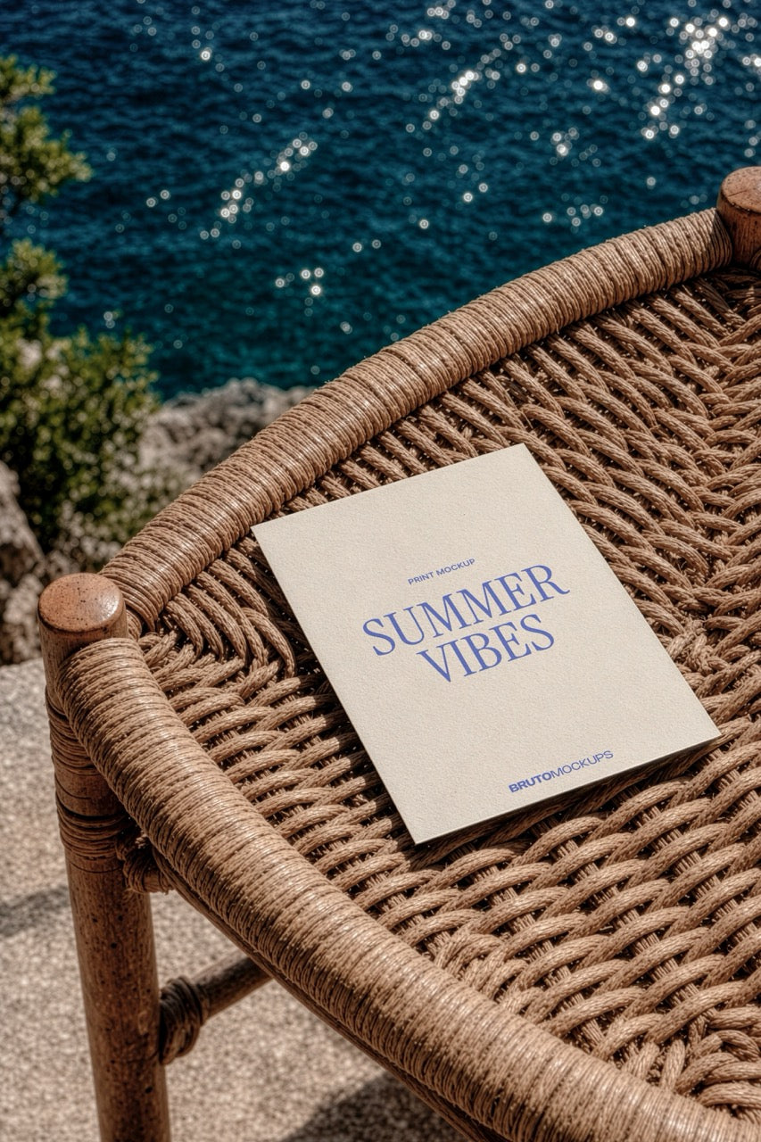 A5 print mockup PSD on a woven rattan chair overlooking the sea