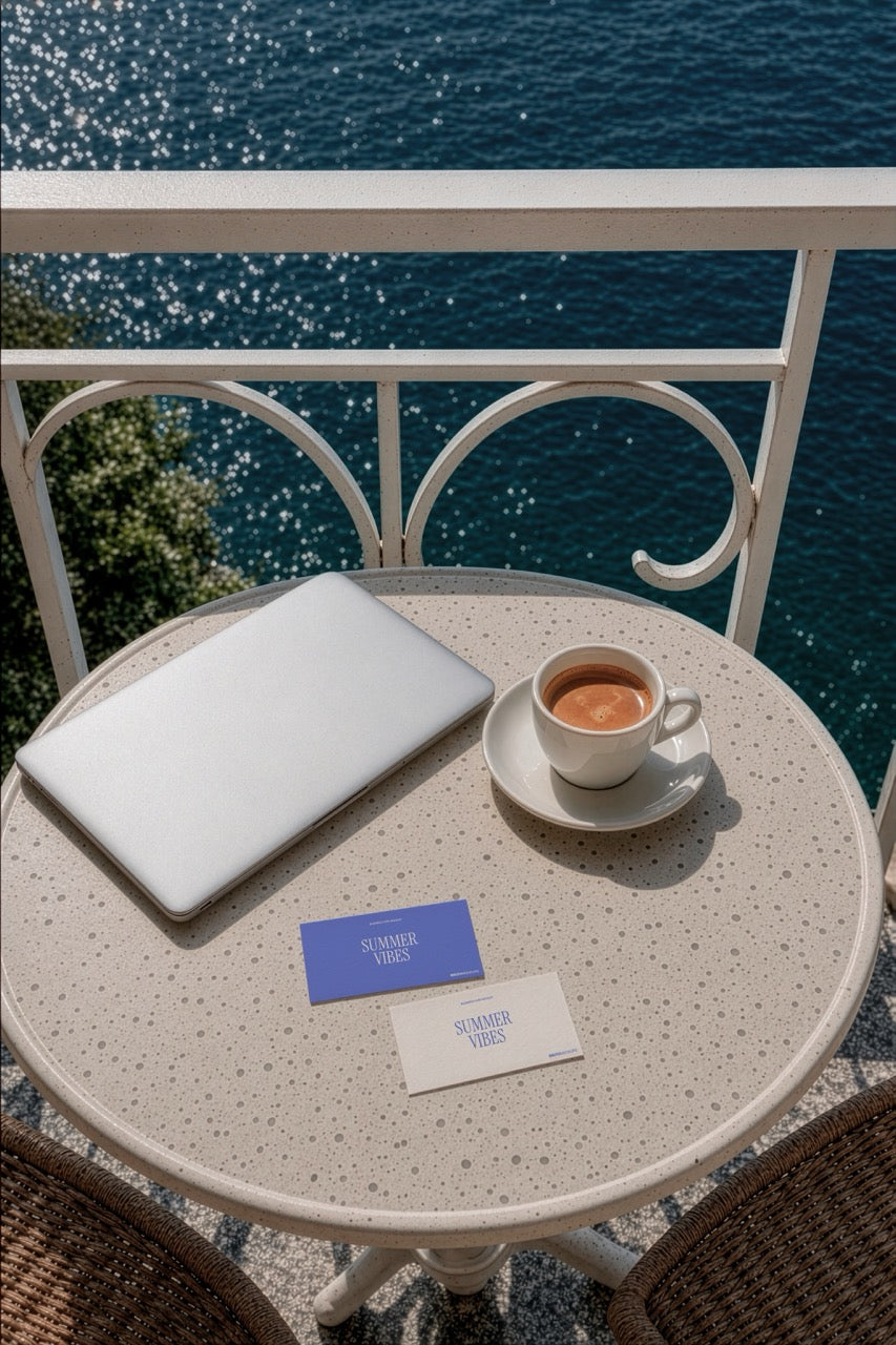Business card mockup PSD on a balcony table overlooking the sea with an espresso cup