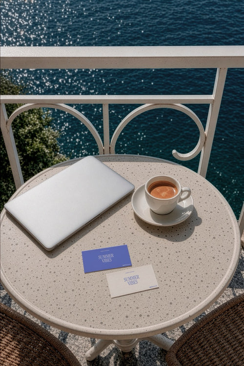 Business card mockup PSD on a balcony table overlooking the sea with an espresso cup