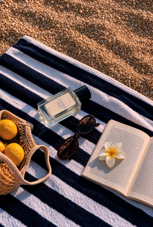 Perfume bottle mockup PSD on a striped beach towel with sunglasses, a frangipani flower, and lemons