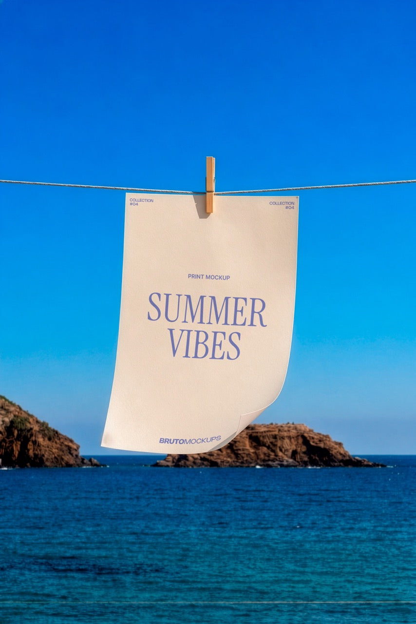 Print poster mockup PSD hanging from a clothesline over the ocean with a rocky coastline