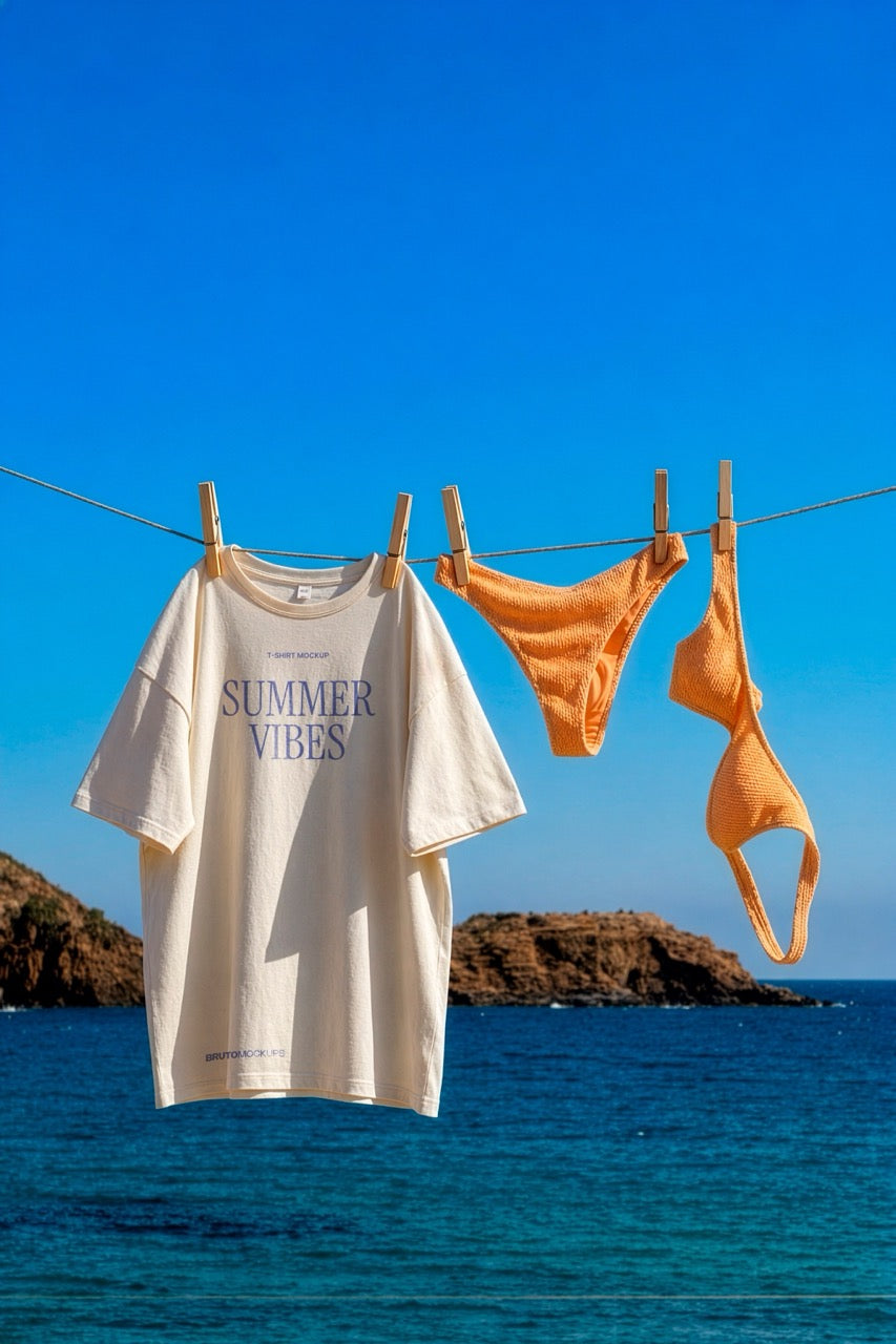 Oversized t-shirt and orange bikini set mockup PSD hanging on a clothesline by the sea