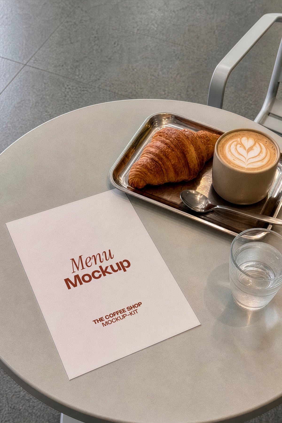Menu mockup styled on a café table with a croissant and latte. Blank menu card mockup ready for your restaurant or café branding design. Menu mockup, stationery mockup, coffee shop mockup, restaurant mockup, café mockup, branding mockup, high quality mockup, PSD file.
