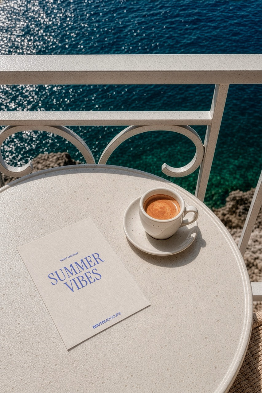 A4 print mockup PSD on a balcony table overlooking the sea with an espresso cup