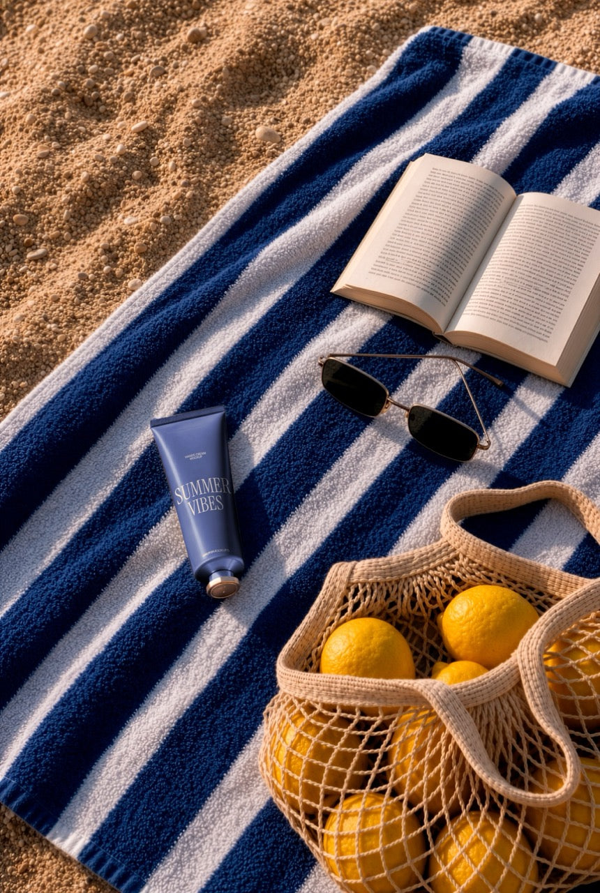 Hand cream tube mockup PSD on a striped beach towel with sunglasses, a book, and lemons