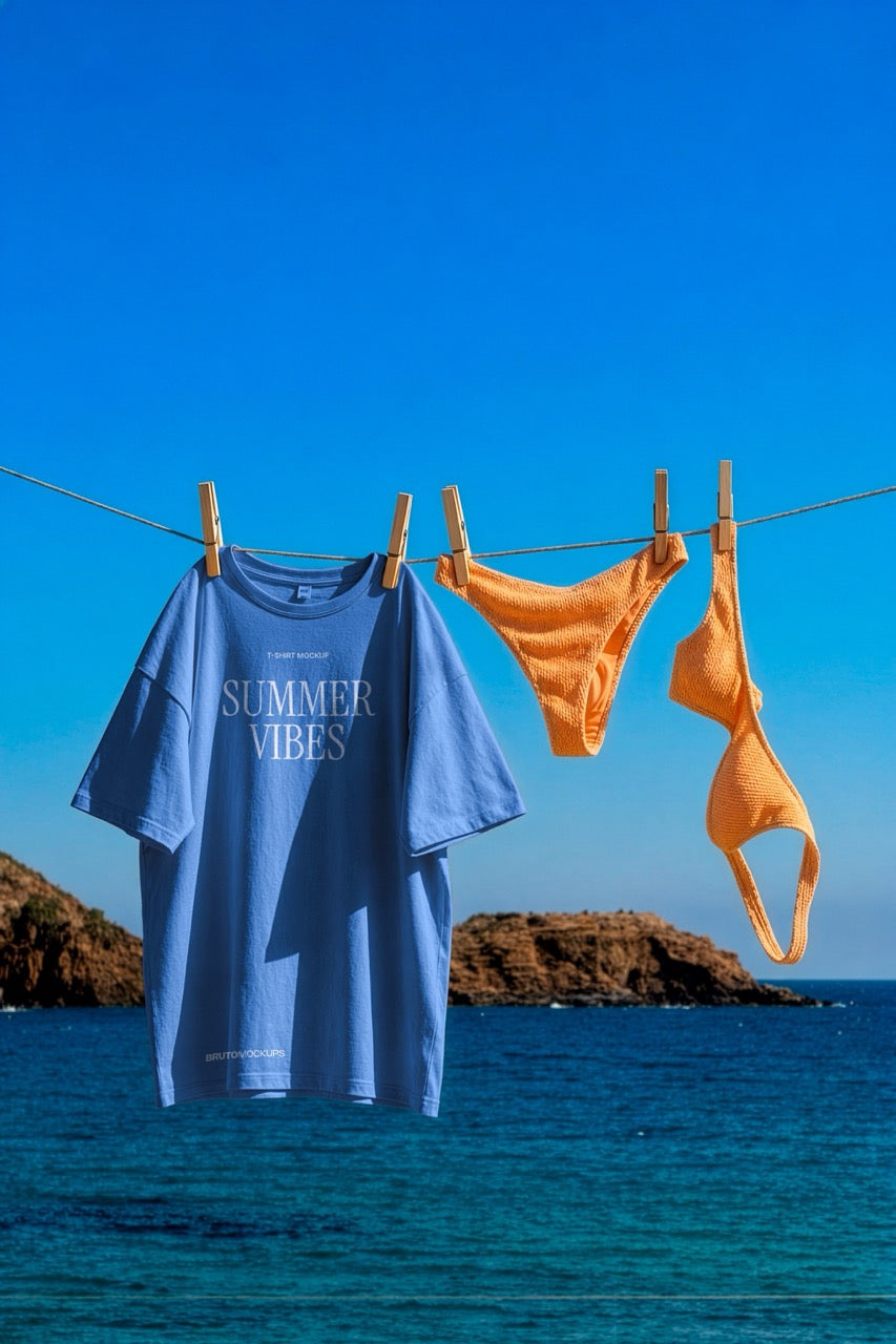 Oversized t-shirt and orange bikini set mockup PSD hanging on a clothesline by the sea