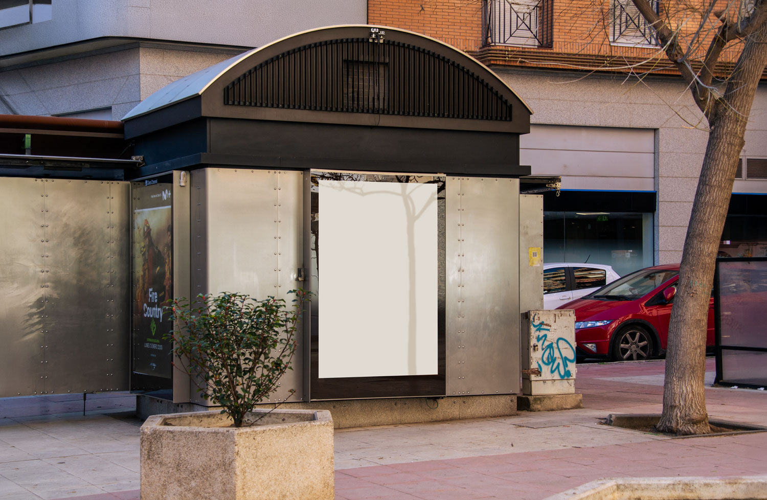 Real photo kiosk billboard mockup PSD on metal street kiosk with natural light