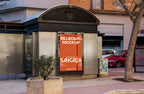 Real photo kiosk billboard mockup PSD on metal street kiosk with natural light