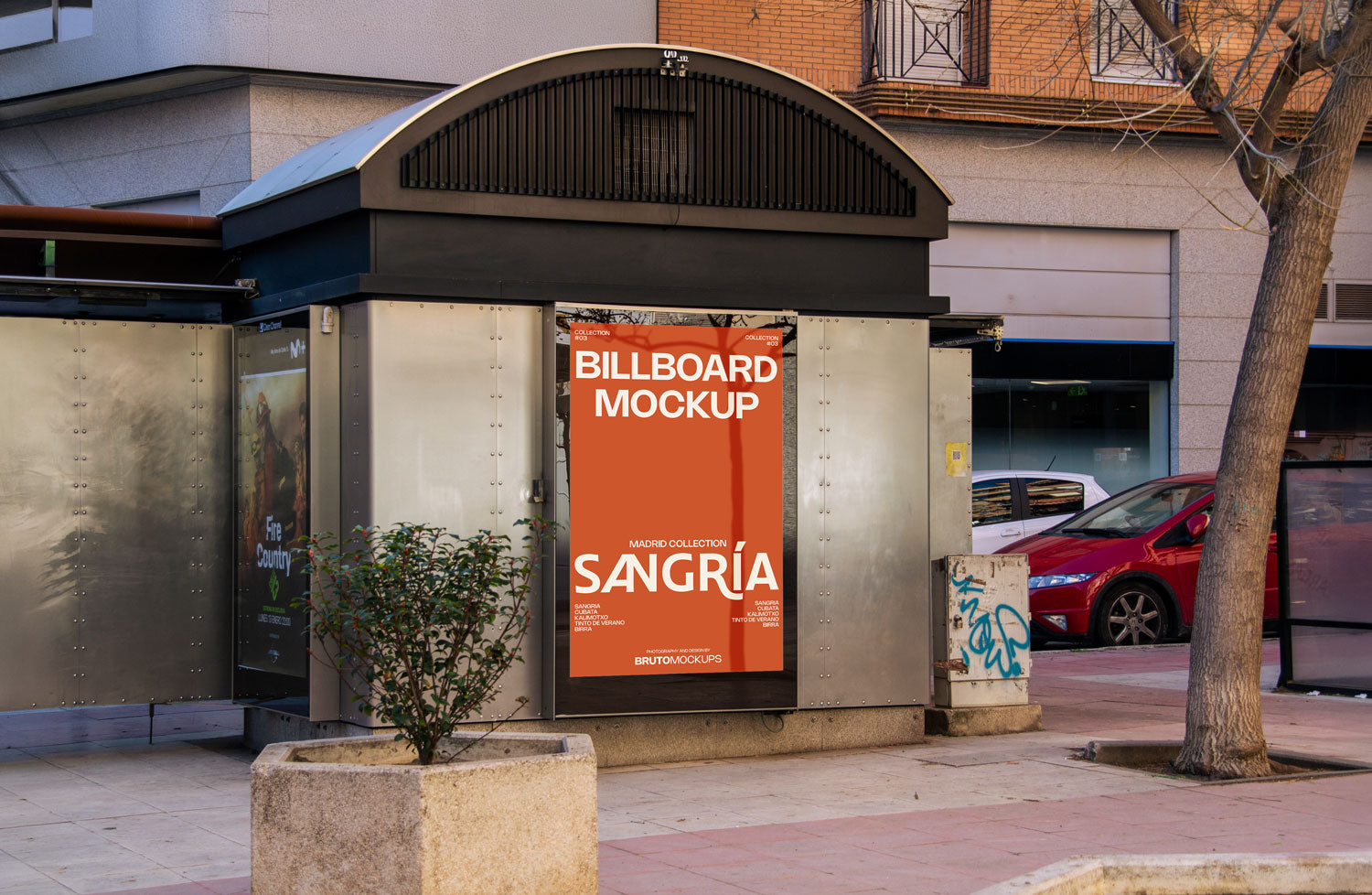 Real photo kiosk billboard mockup PSD on metal street kiosk with natural light