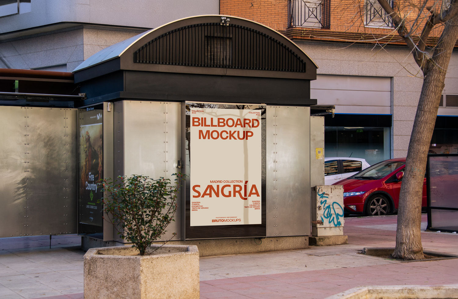 Real photo kiosk billboard mockup PSD on metal street kiosk with natural light