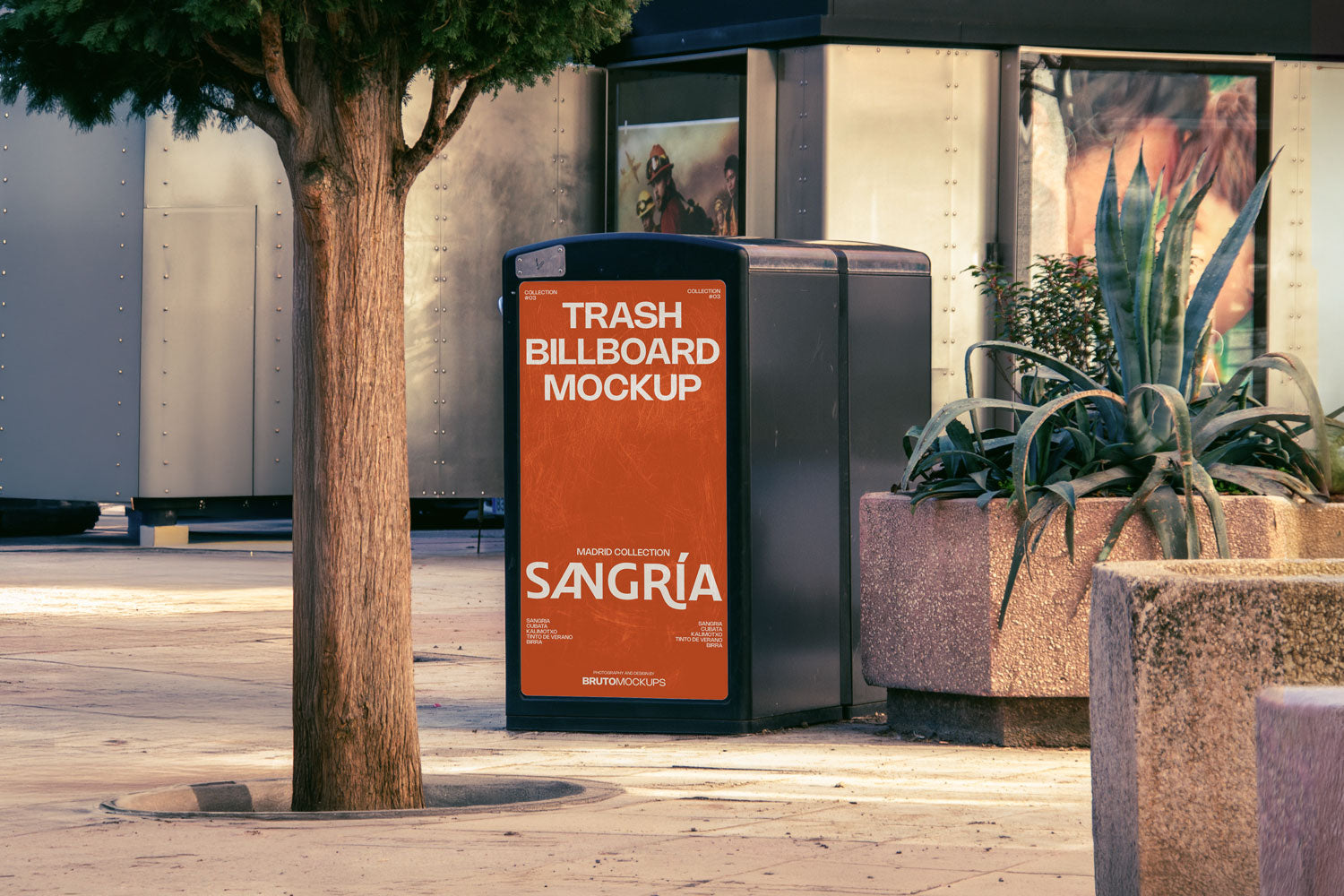 Real photo trash bin billboard mockup PSD in city plaza with natural light and plants