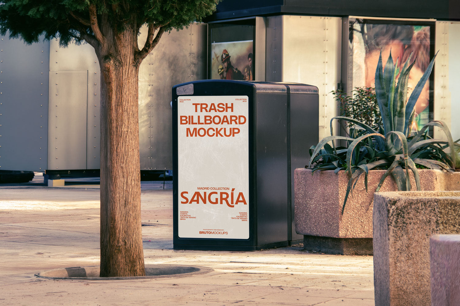 Real photo trash bin billboard mockup PSD in city plaza with natural light and plants