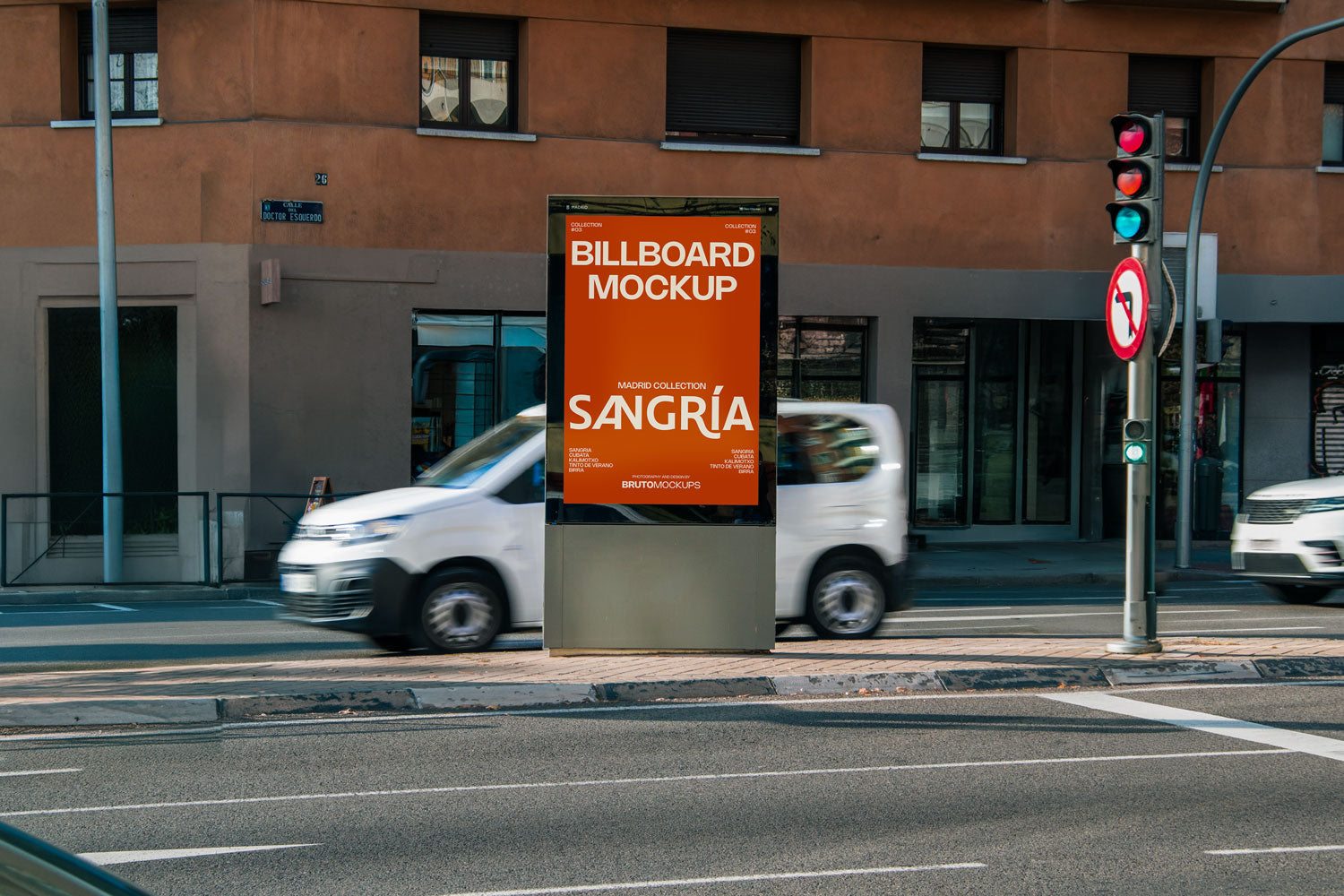 Real photo citylight street billboard mockup PSD at intersection with natural light and passing cars