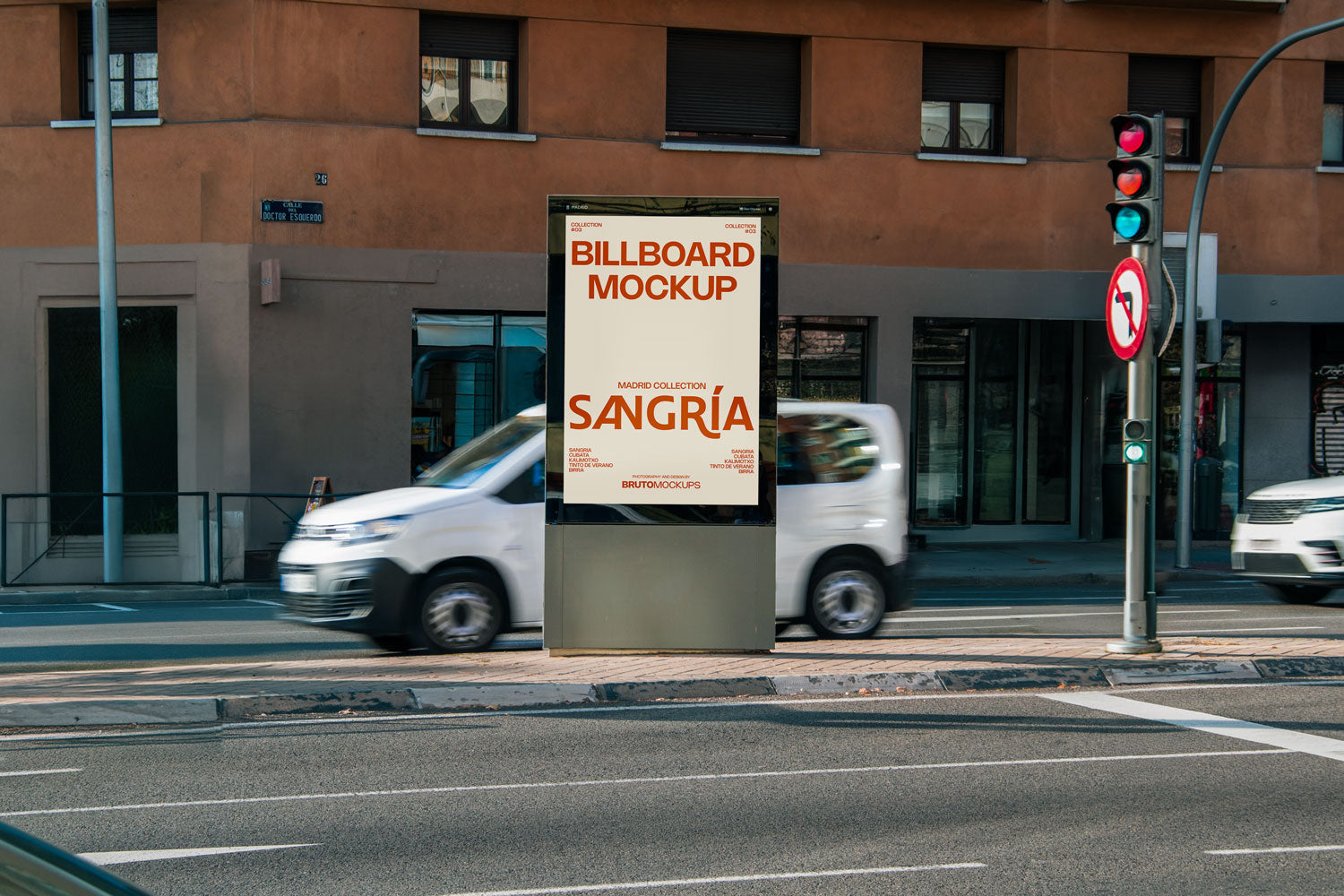 Real photo citylight street billboard mockup PSD at intersection with natural light and passing cars
