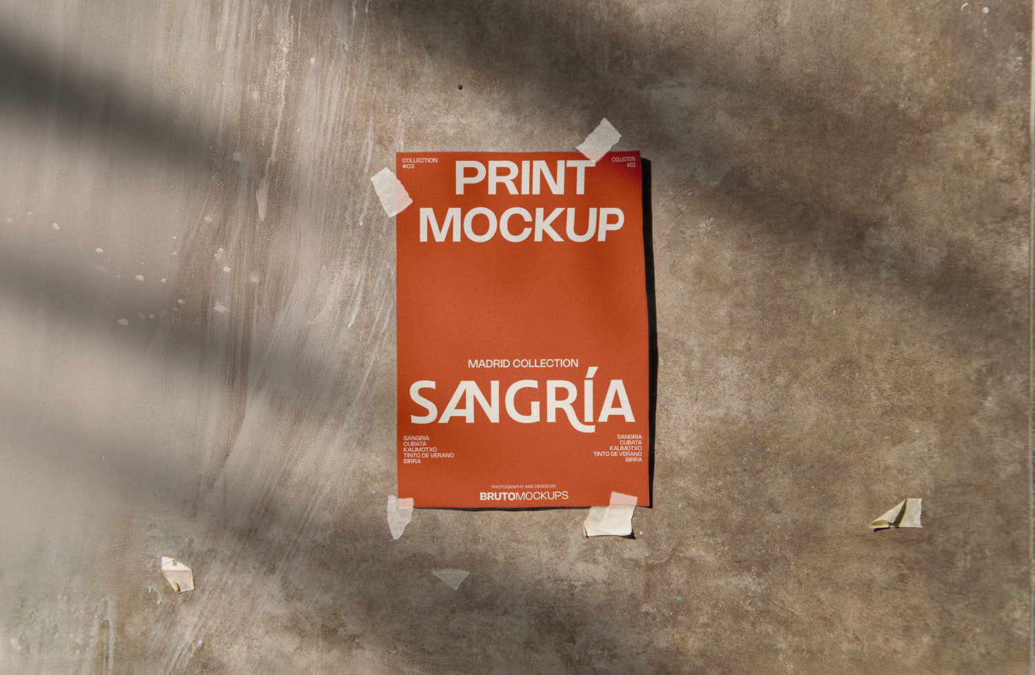Real photo taped print poster mockup on textured wall with natural shadows (paper grain visible)