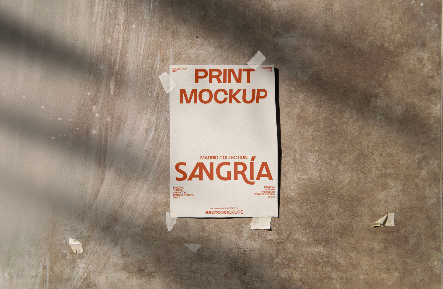 Real photo taped print poster mockup on textured wall with natural shadows (paper grain visible)