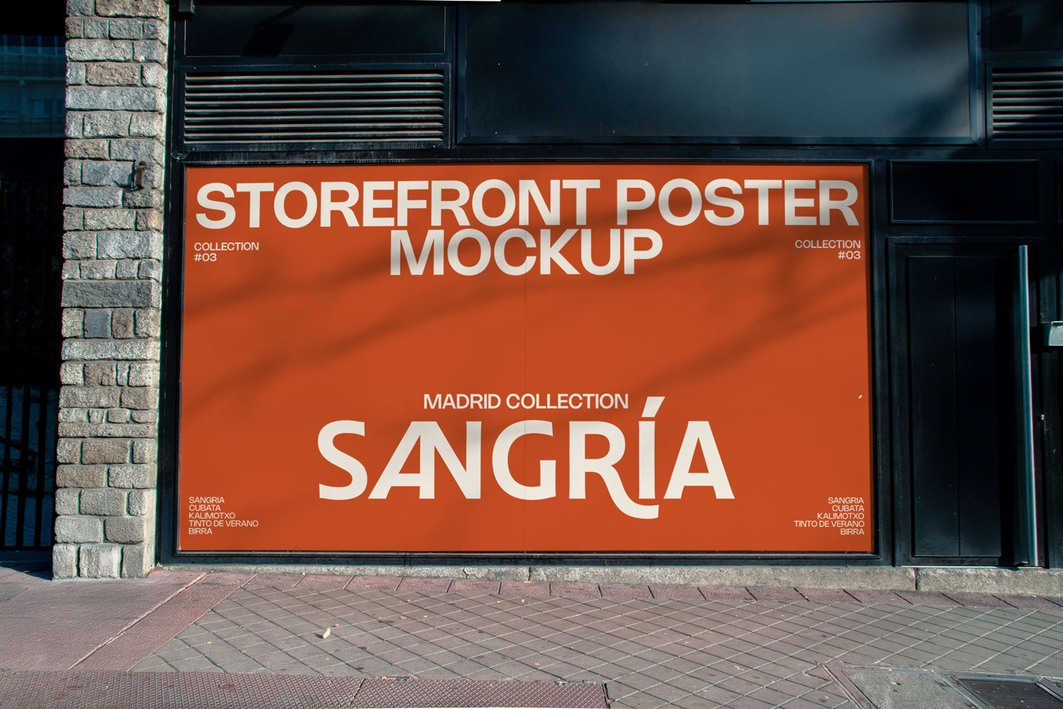 Real photo storefront poster mockup on shop façade with natural shadows