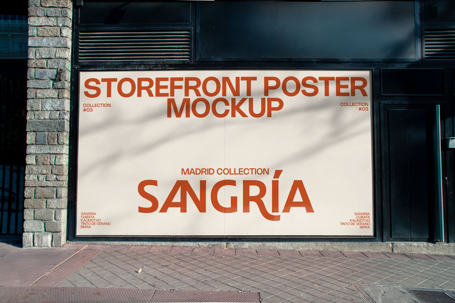 Real photo storefront poster mockup on shop façade with natural shadows
