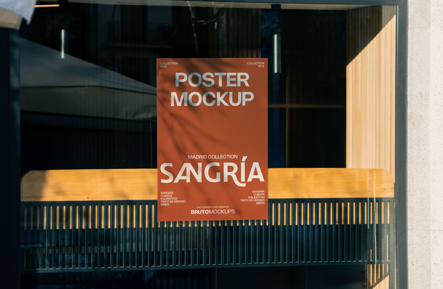 Real photo window poster mockup PSD on shop glass with natural reflections and wood interior
