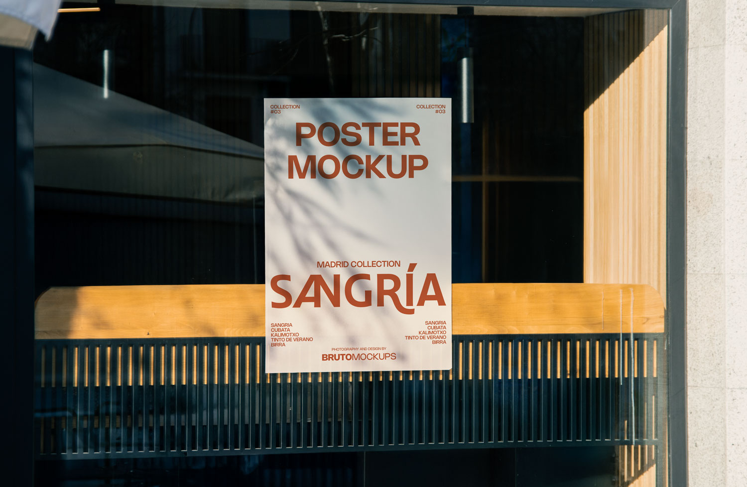Real photo window poster mockup PSD on shop glass with natural reflections and wood interior
