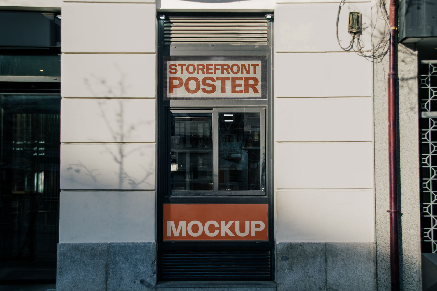 Real photo storefront poster mockup PSD on shop window with natural reflections and shadows