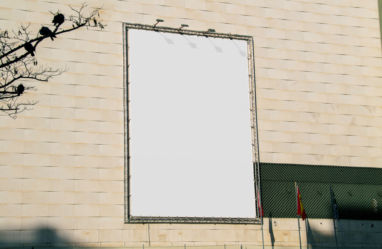 Real photo large building banner billboard mockup on truss frame with natural light and shadows