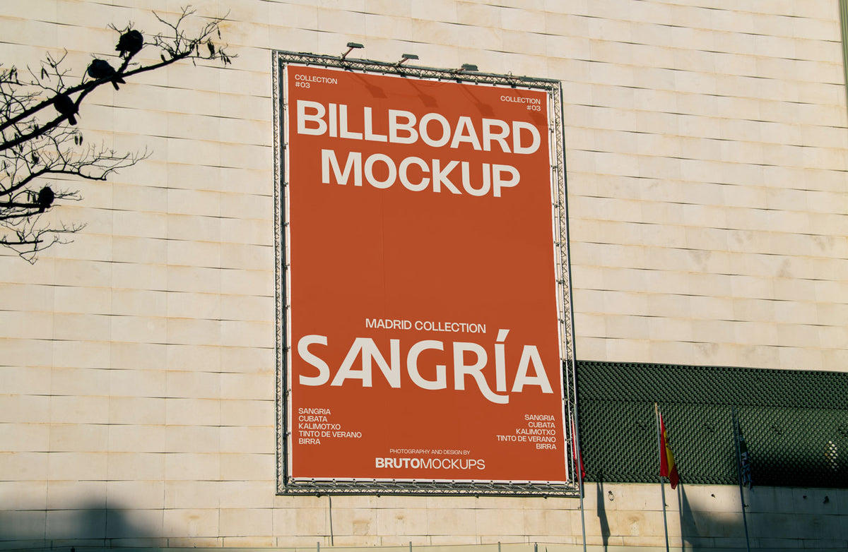 Real photo large building banner billboard mockup on truss frame with natural light and shadows