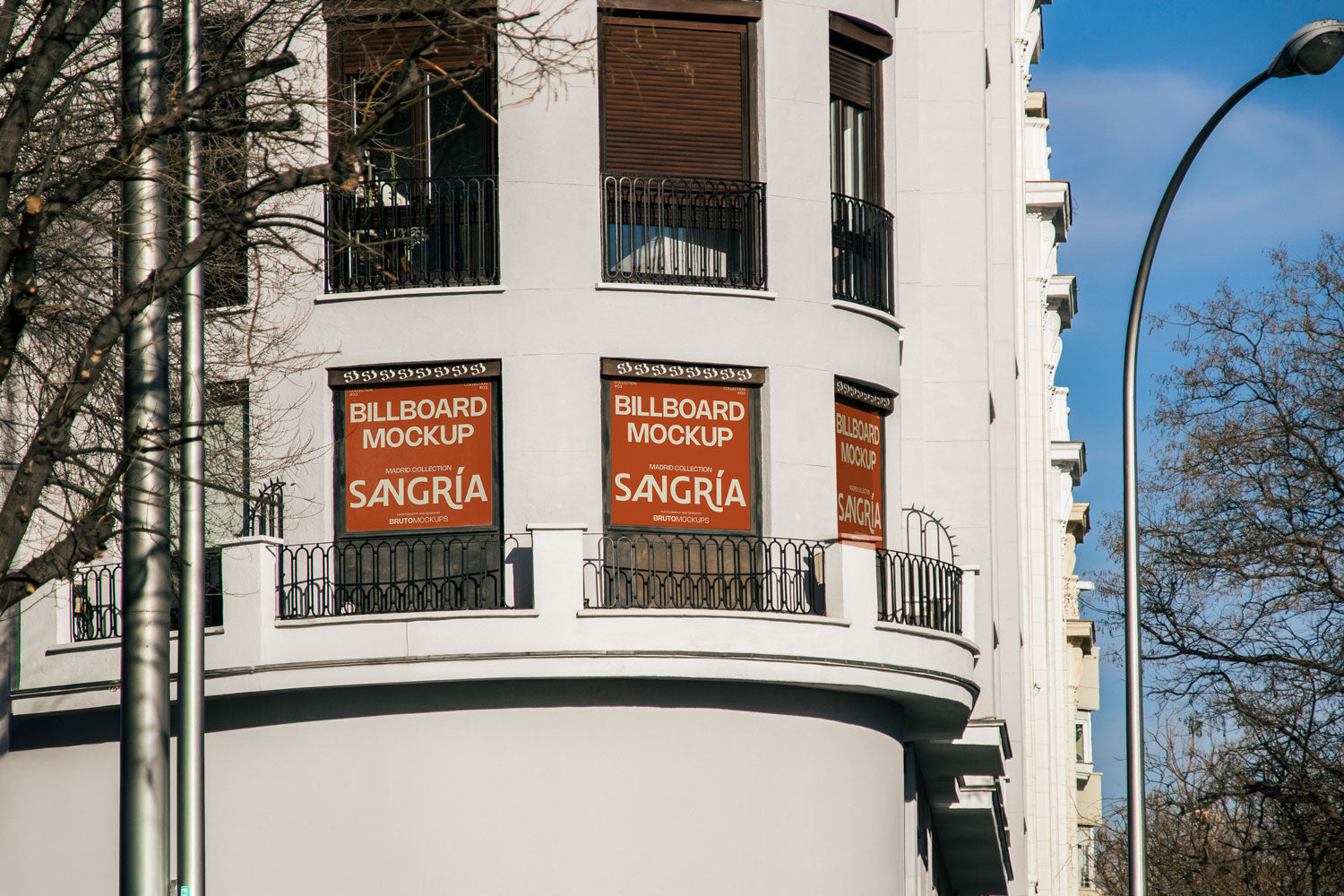 Real photo corner building billboard mockup PSD with natural light and city architecture