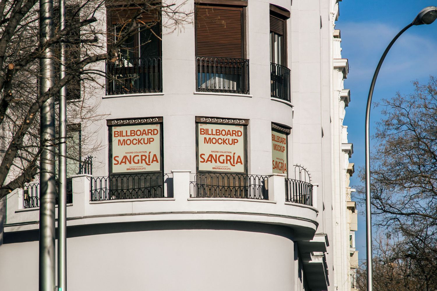 Real photo corner building billboard mockup PSD with natural light and city architecture