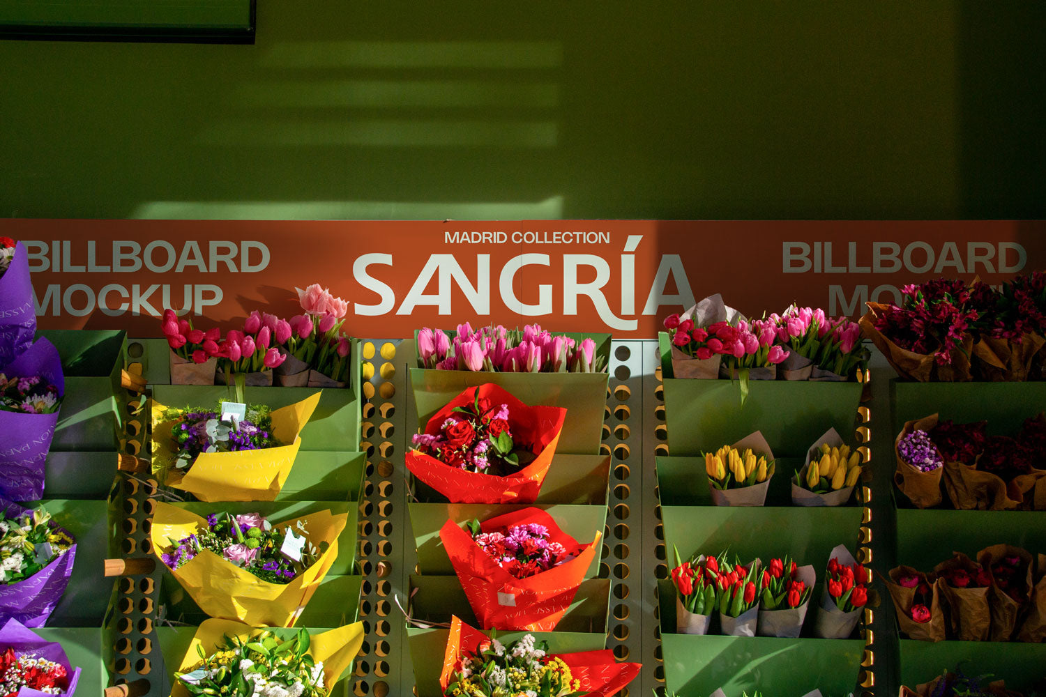 Real photo flower shop billboard/banner mockup behind bouquets with natural light and shadows