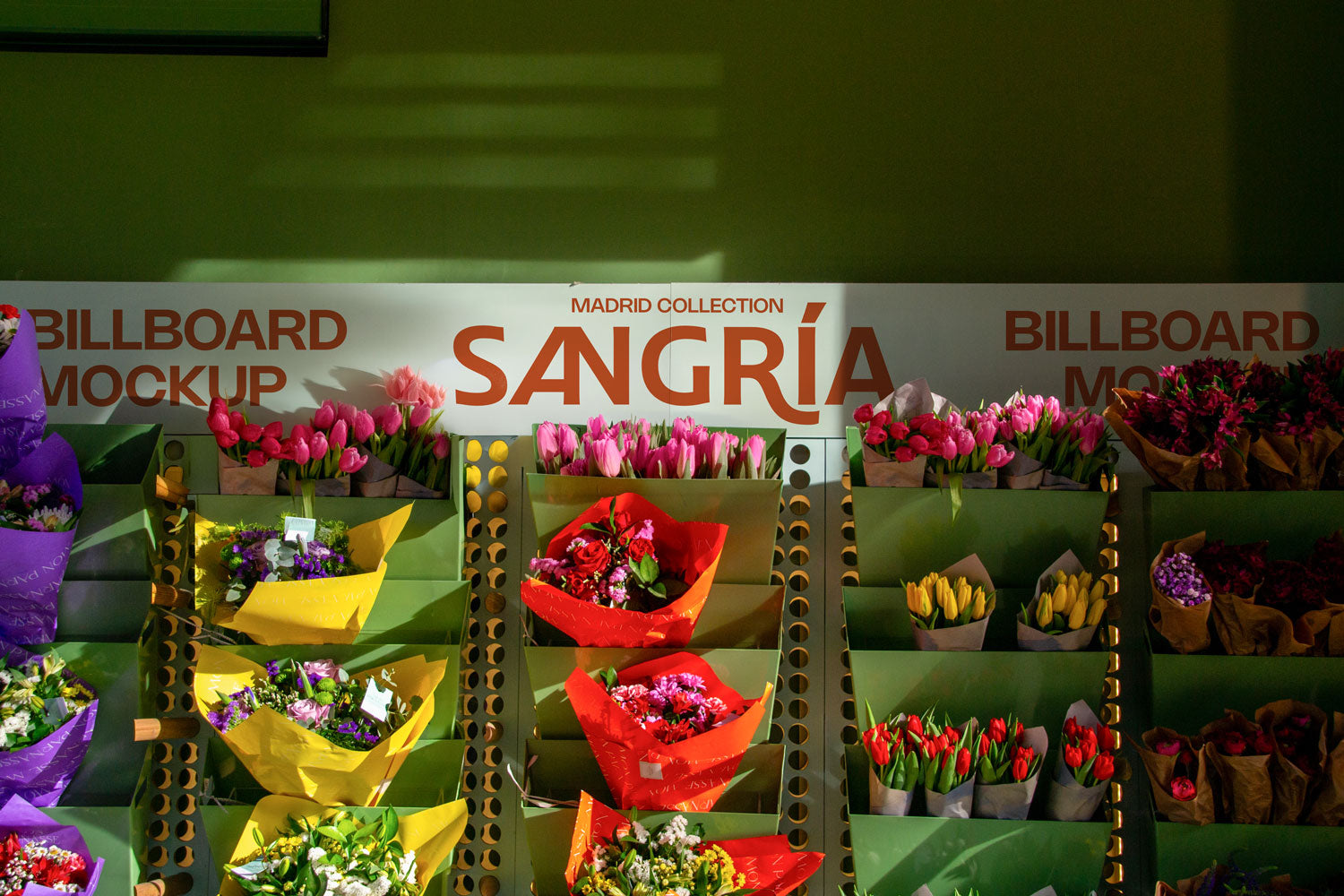 Real photo flower shop billboard/banner mockup behind bouquets with natural light and shadows
