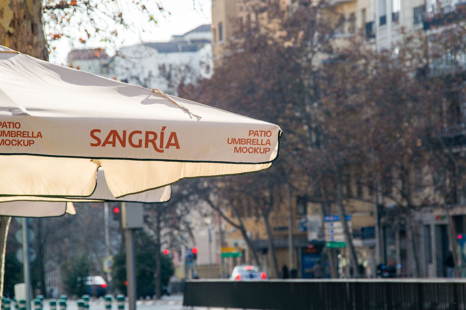 Real photo patio umbrella mockup PSD with logo area on fabric under natural light, city background
