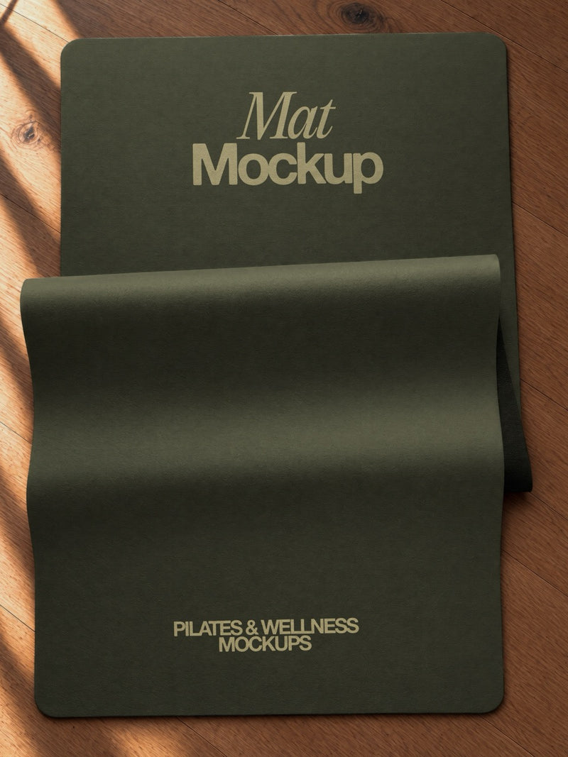 Yoga mat mockup in olive green partly unrolled on a wooden floor with window light. Pilates mat mockup for studio and activewear branding. Yoga mat mockup, pilates mat mockup, exercise mat mockup, pilates mockup, wellness mockup, merch mockup, high quality mockup, PSD file.