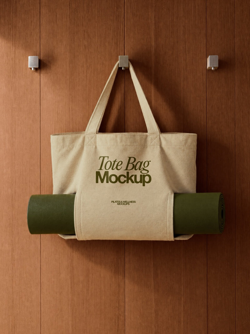 Canvas tote bag mockup hanging on a wooden wall with a rolled yoga mat in its front strap. Tote bag mockup for pilates studio merch. Tote bag mockup, canvas bag mockup, yoga bag mockup, pilates mockup, wellness mockup, merch mockup, high quality mockup, PSD file.
