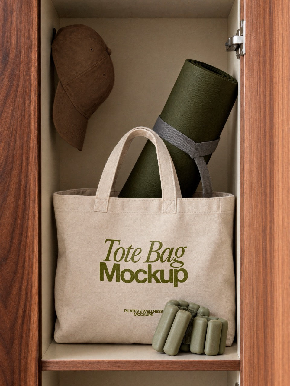 Tote bag mockup inside a wooden studio locker with a rolled mat, a cap and wrist weights. Canvas tote bag mockup for pilates studio branding. Tote bag mockup, locker mockup, gym bag mockup, pilates mockup, wellness mockup, merch mockup, high quality mockup, PSD file.