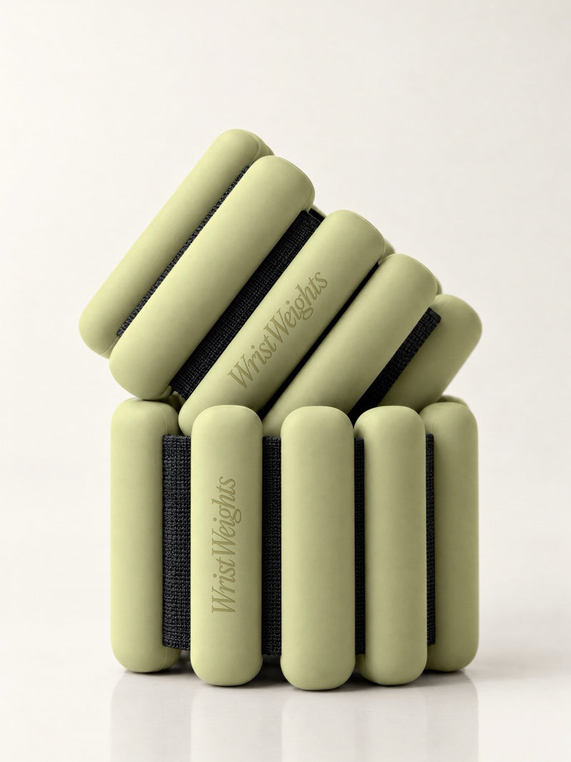 Wrist weights mockup with two stacked sage green bangle weights on a white background. Pilates wrist weights mockup for fitness brands. Wrist weights mockup, bangle weights mockup, ankle weights mockup, pilates mockup, fitness mockup, merch mockup, high quality mockup, PSD file.