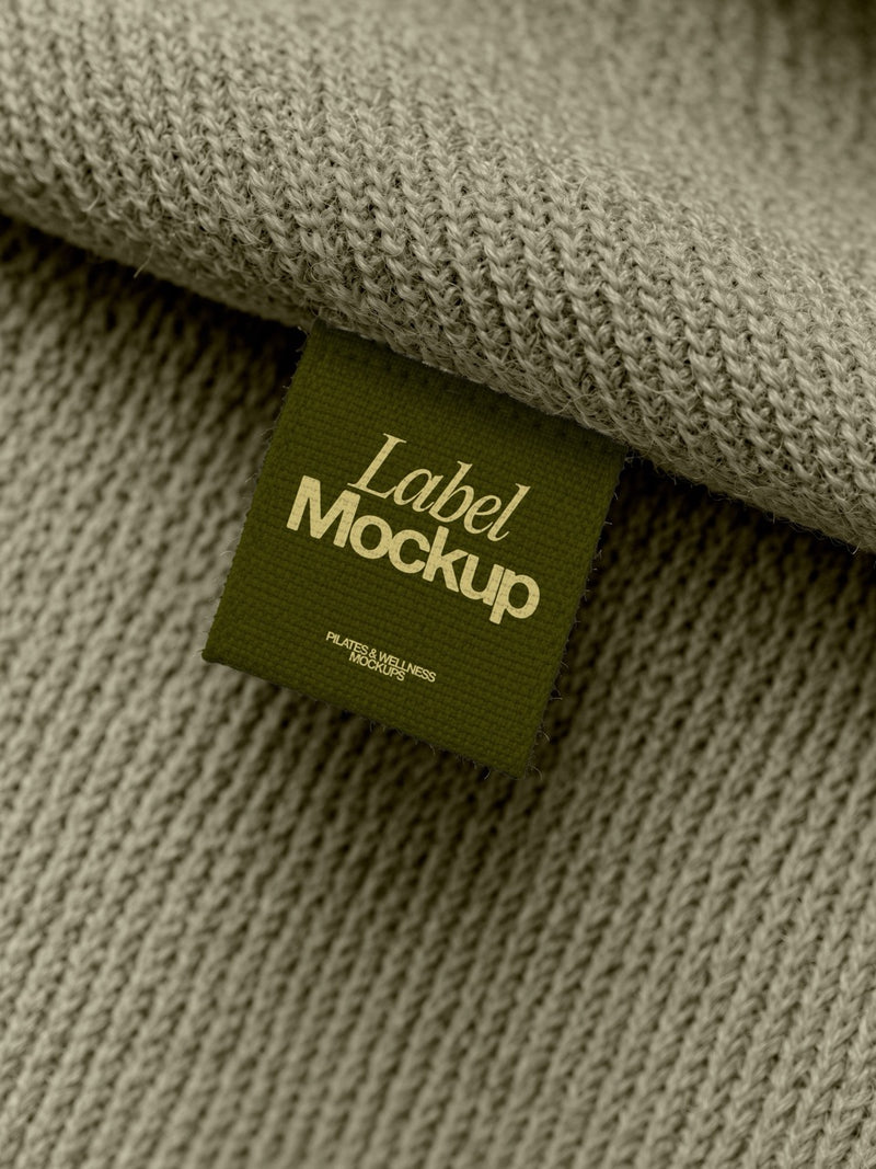 Woven label mockup in olive sewn into a sage knit sweater. Clothing label mockup for activewear and knitwear brands. Woven label mockup, clothing tag mockup, apparel label mockup, knitwear mockup, pilates mockup, apparel mockup, high quality mockup, PSD file.