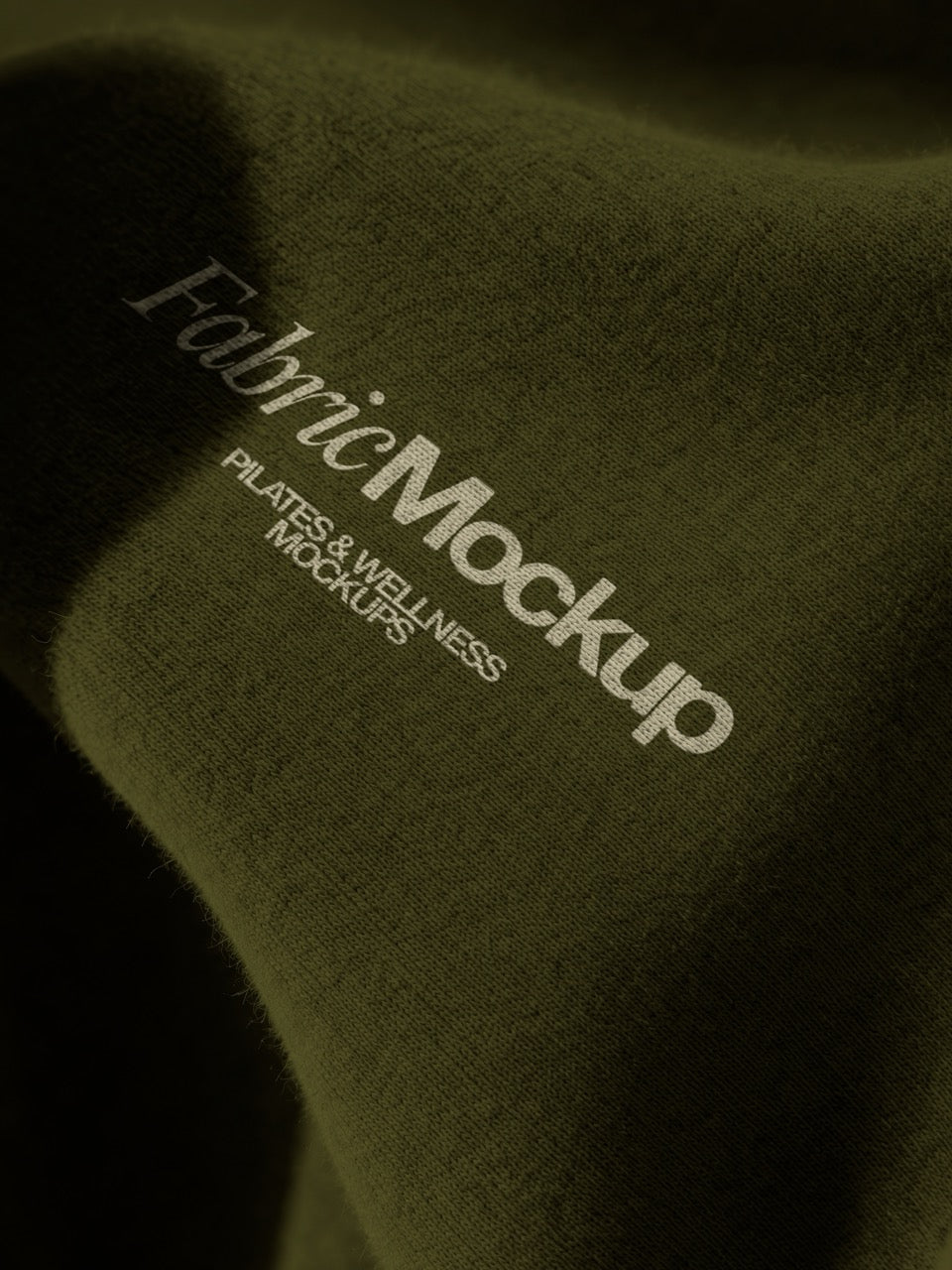 Fabric print mockup with a logo on soft olive fleece fabric, close up. Logo on fabric mockup for apparel and sweatshirt brands. Fabric print mockup, fabric mockup, sweatshirt mockup, textile mockup, pilates mockup, apparel mockup, high quality mockup, PSD file.