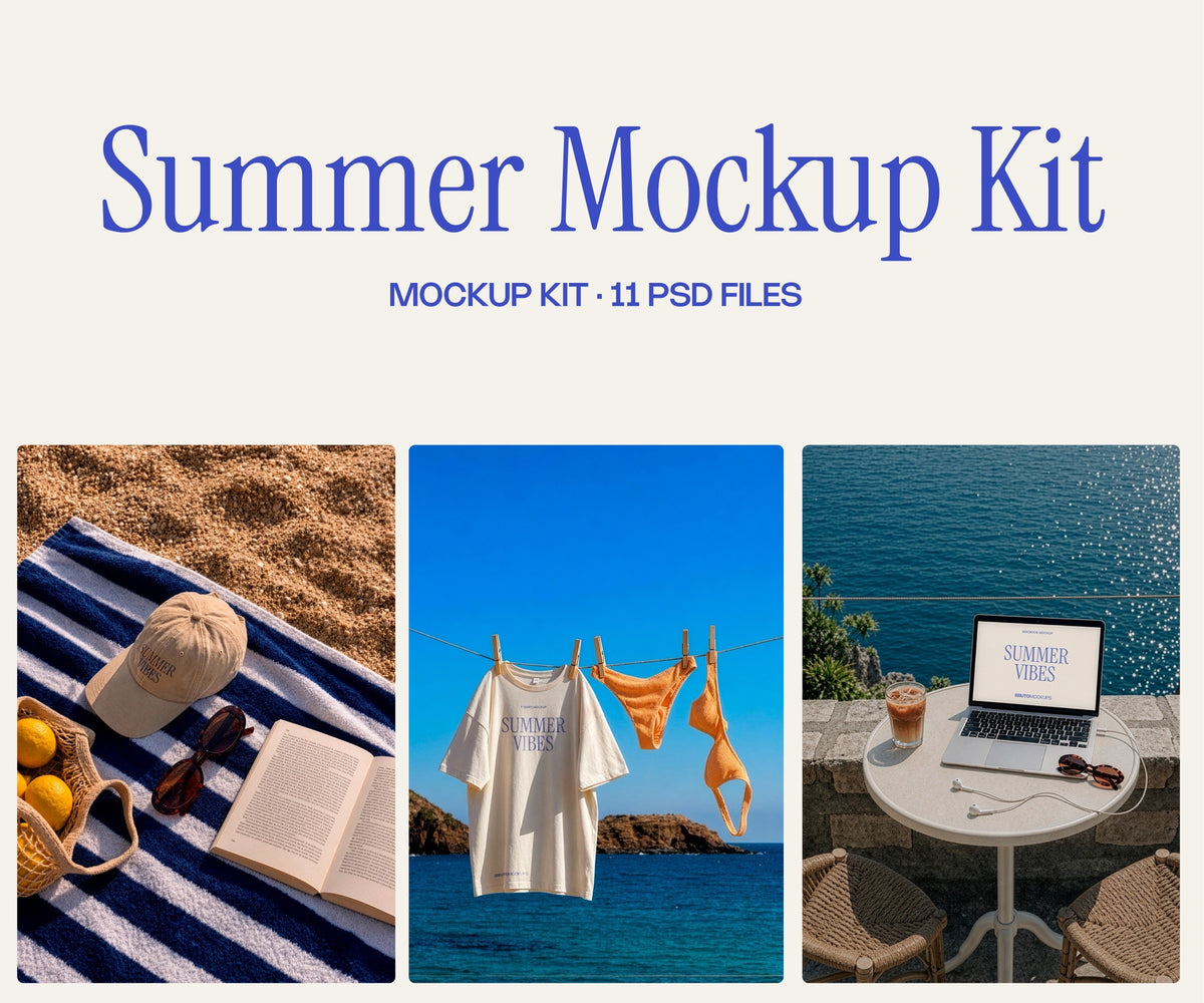 Summer Vibes mockup kit with 11 PSD mockups styled in beach and coastal scenes. Bundle of apparel, packaging, and device mockups for summer branding. Mockup bundle, summer mockup, apparel mockup, packaging mockup, device mockup, stationery mockup, high quality mockup, PSD file.