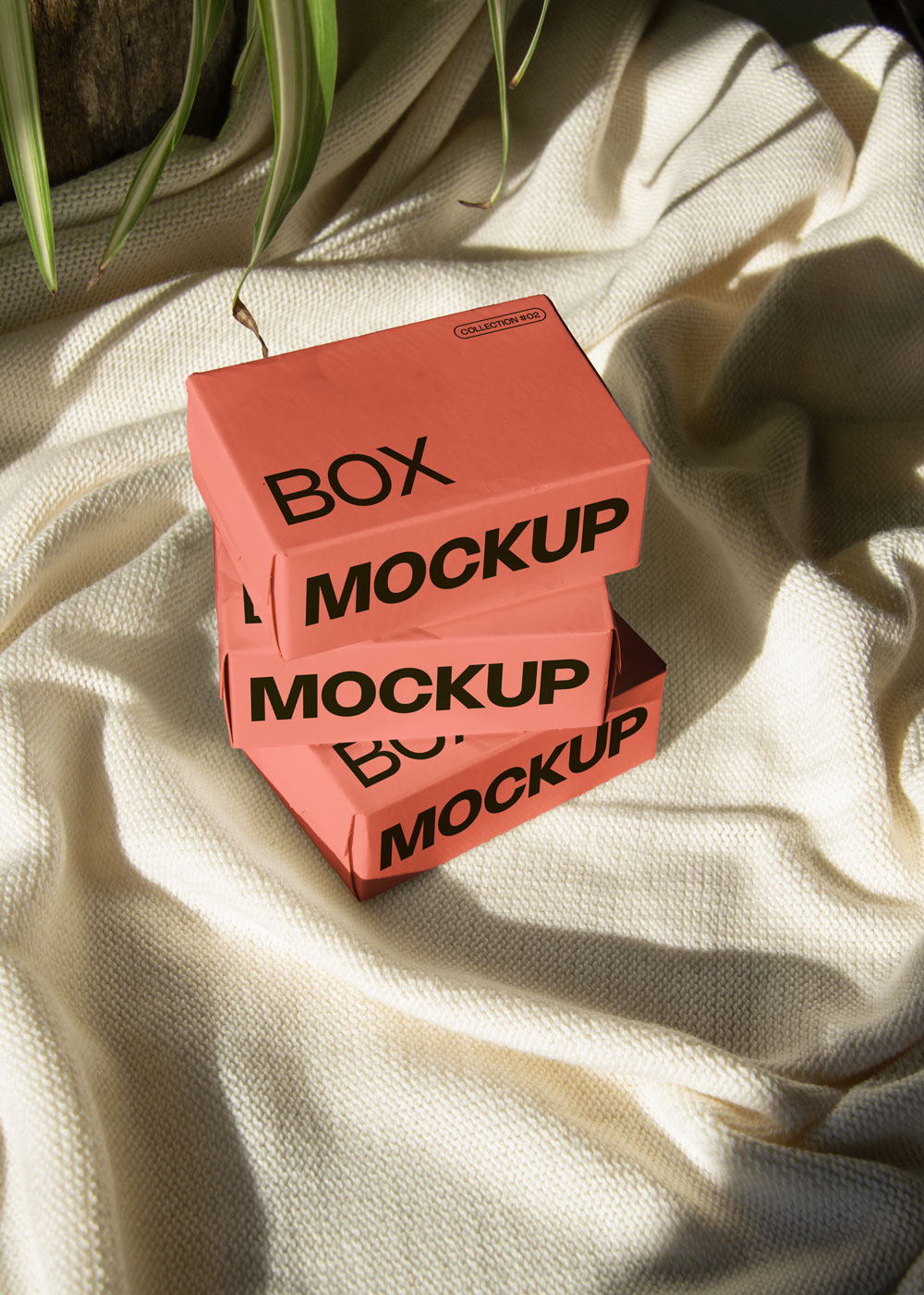 box packaging mockup PSD with three stacked paper boxes on sunlit desk and plant shadows