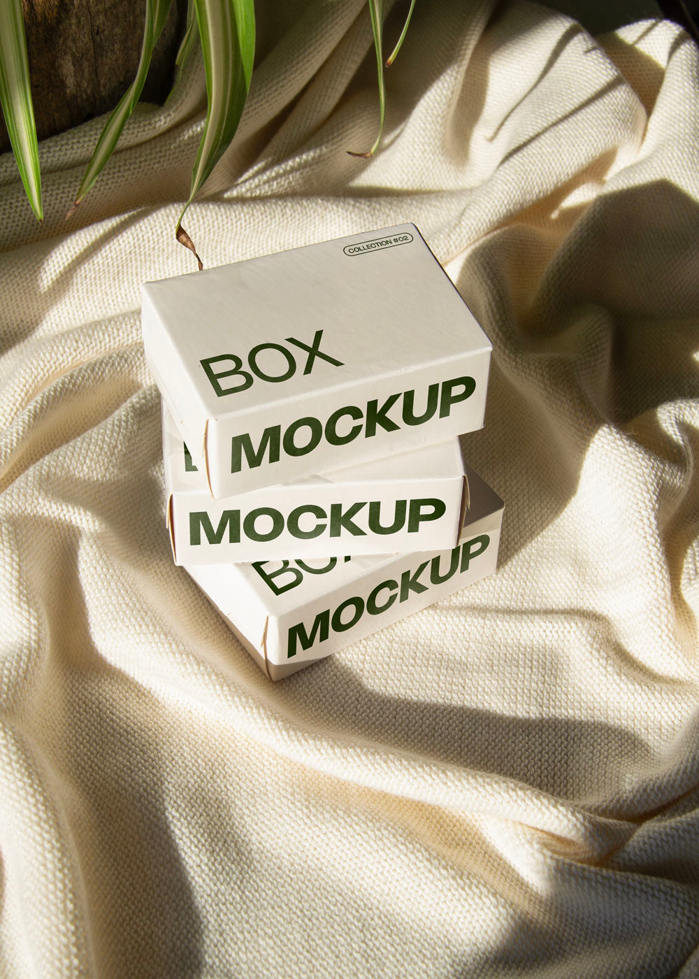 box packaging mockup PSD with three stacked paper boxes on sunlit desk and plant shadows