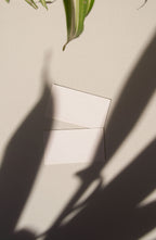 business card mockup PSD with two cards (portrait and landscape) on sunlit desk with plant shadows