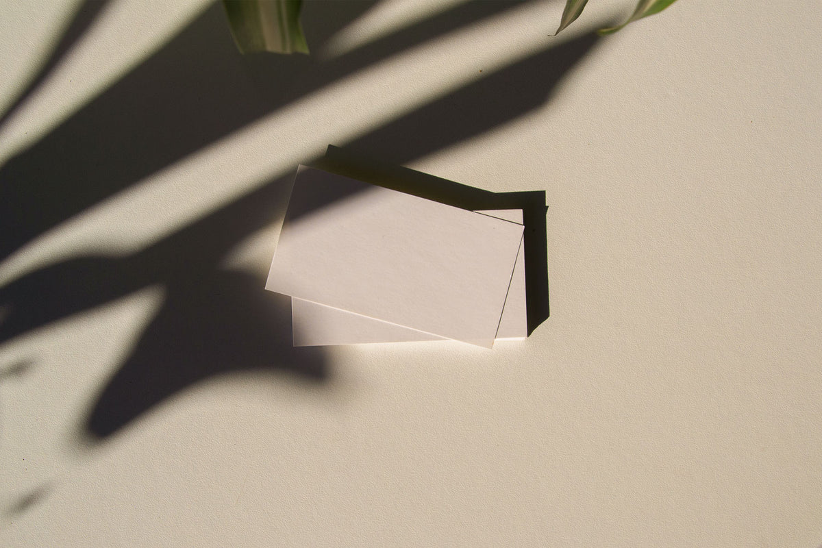 business card mockup PSD with two cards (portrait and landscape) on sunlit desk with plant shadows