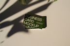 business card mockup PSD with two cards (portrait and landscape) on sunlit desk with plant shadows
