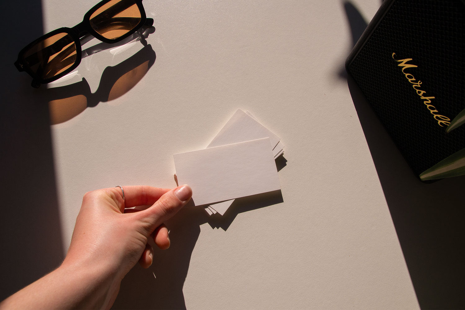 business card mockup PSD with two cards (portrait and landscape) on sunlit desk with plant shadows
