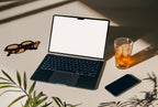 Real photo MacBook Air mockup PSD on sunlit desk with plant shadows, phone and iced drink